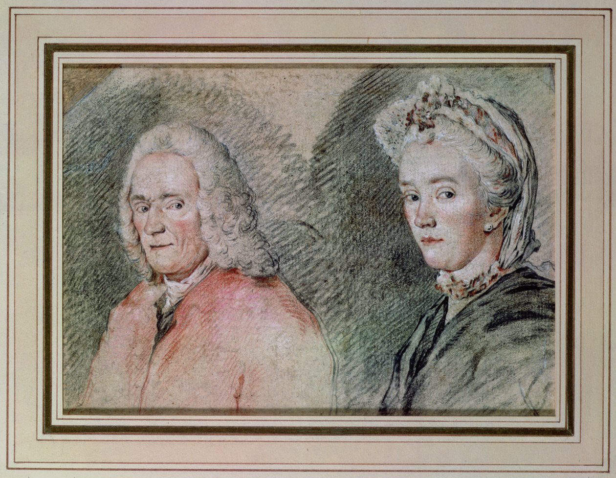 Voltaire (Francois Marie Arouet de Voltaire 1694-1778) og Madame Denis (Marie-Louise Mignot Denis 1712-90), ca. 1758-70 (farveblyant på papir) swed. av Charles Nicolas II Cochin