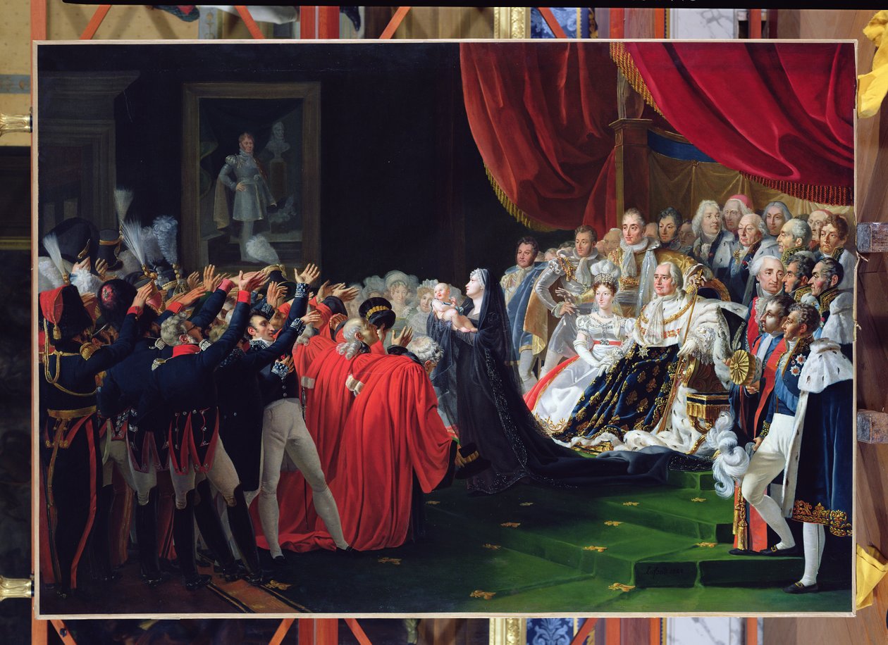 Hertiginnan av Berry presenterar hertigen av Bordeaux för folket och armén, september 1820 av Charles Nicolas Raphael Lafond