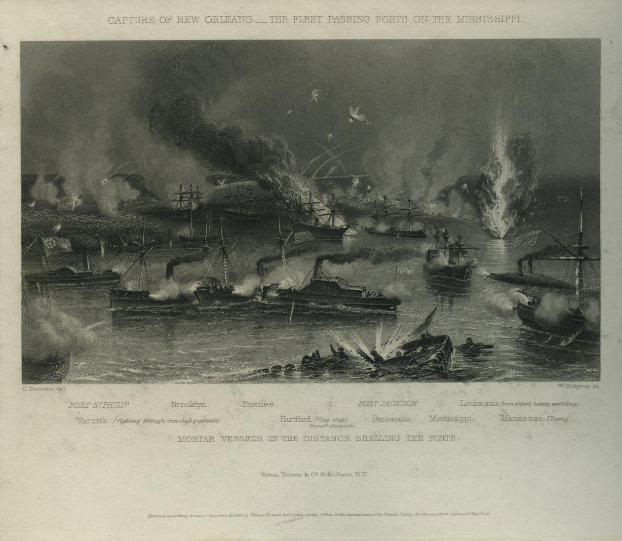 Capture of New Orleans: Fleet Passing Forts on the Mississippi, c.1862 av Charles Parsons
