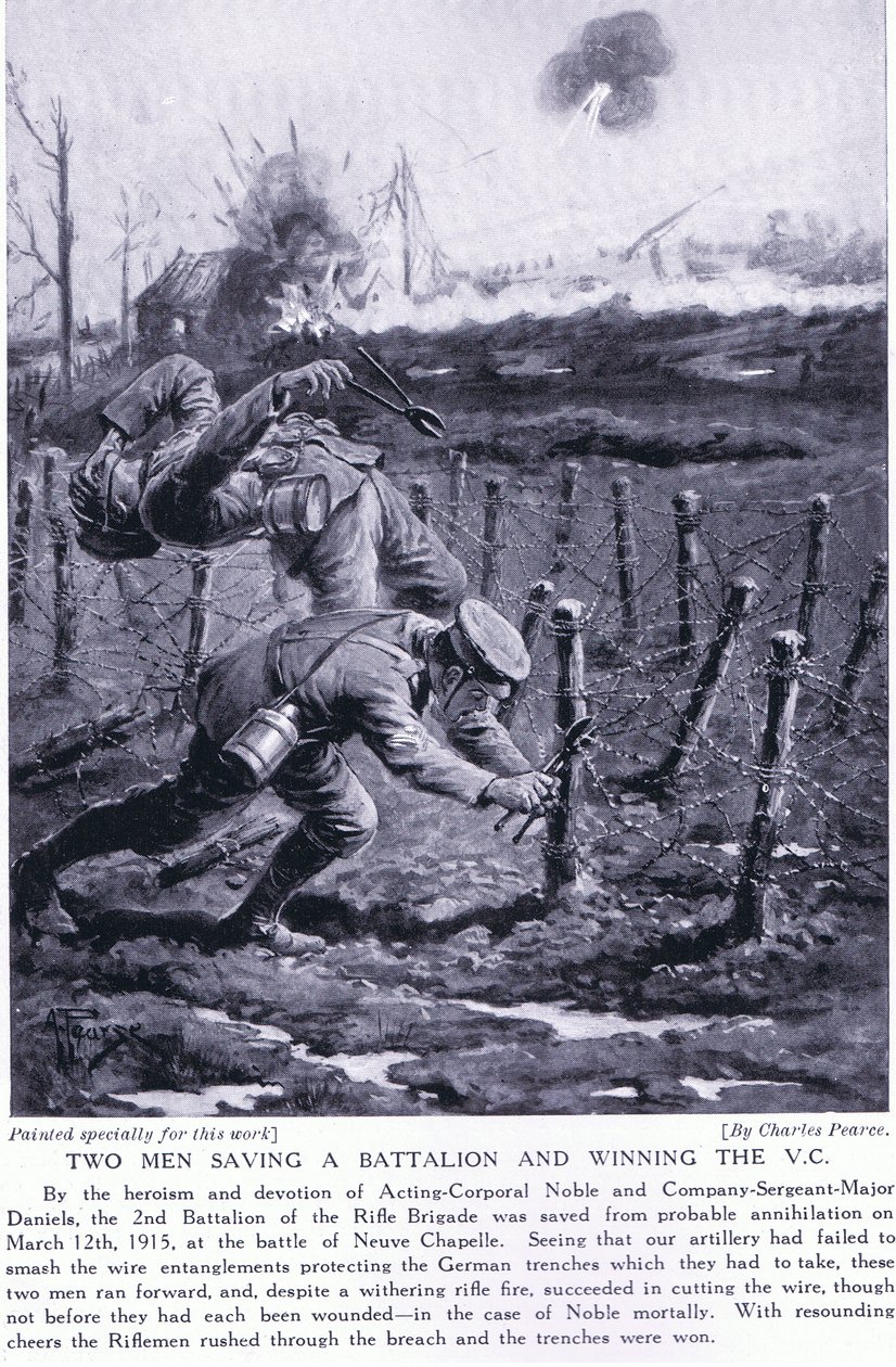 Två män som räddade en bataljon och fick en hedersutmärkelse i slaget vid Neuve Chapelle i mars 1915. av Charles Pears