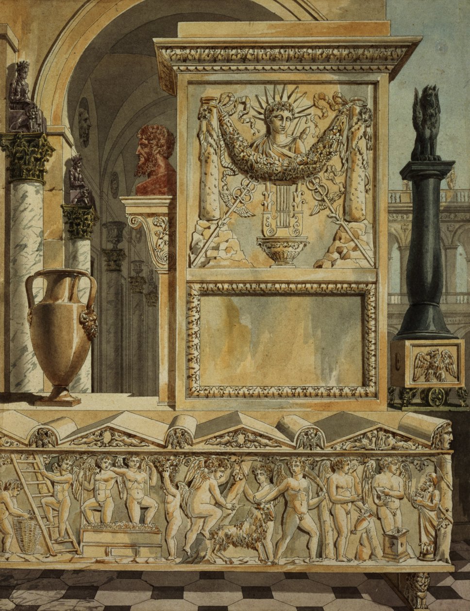 En klassisk Capriccio med en sarkofag, design för en titelsida från "Palats, hus och andra moderna byggnader, Dessines a Rome" av Charles Percier och Francois Leonard Fontaine (1762-1853) pub. av Charles Percier
