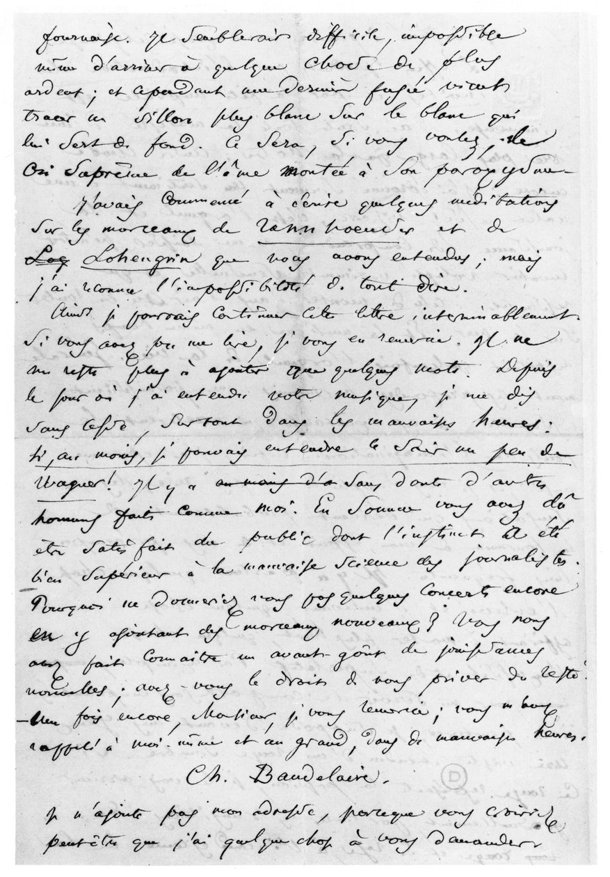 Tusi ia Richard Wagner (1813-83) 17 Fepuari 1860 (peni ma vaitusi i luga o pepa) sausau av Charles Pierre Baudelaire