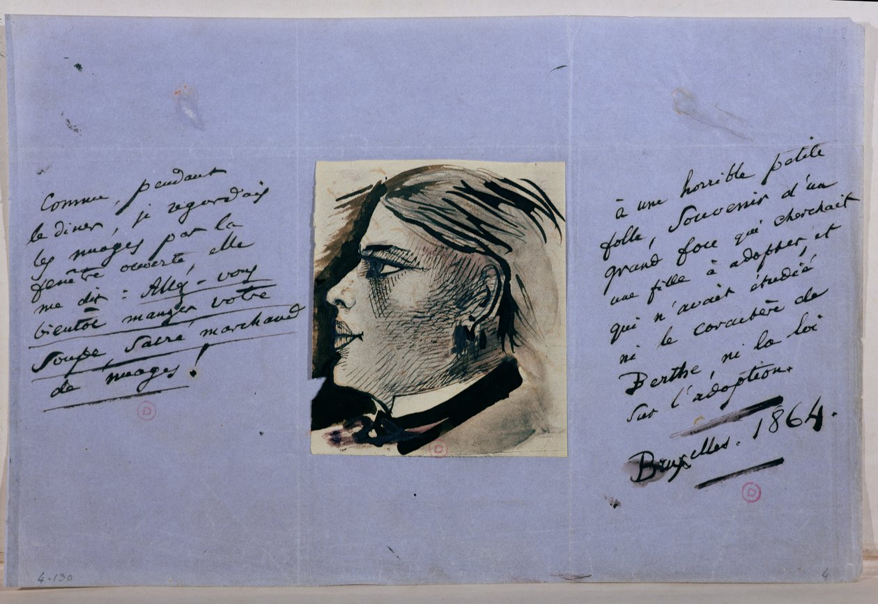 Manuskriptsida med porträtt av Berthe, Baudelaires sista älskarinna, Bryssel 1864 av Charles Pierre Baudelaire