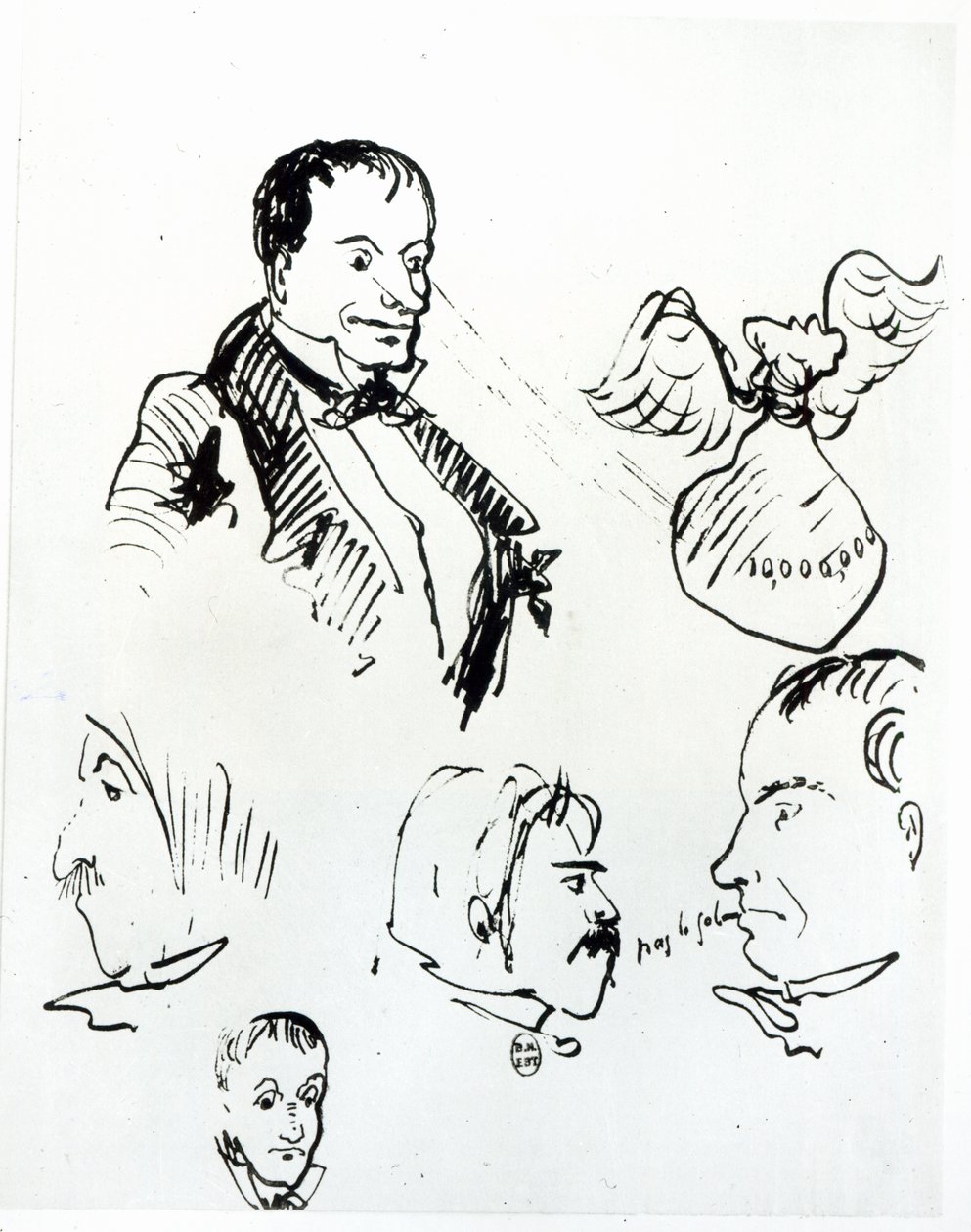 Tre självporträtt och profiler av Jules Champfleury (1821-89) och Charles Asselineau (1820-74) ca 1857-58 av Charles Pierre Baudelaire