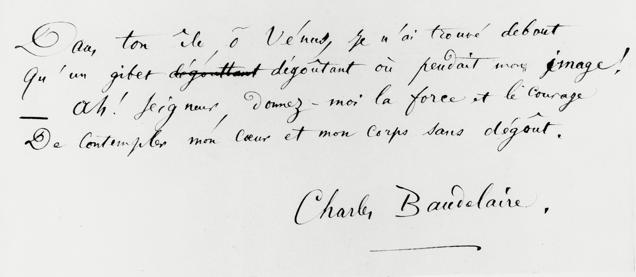 "Voyage a Cythere" slutet av dikten med signatur med autograf av Charles Pierre Baudelaire