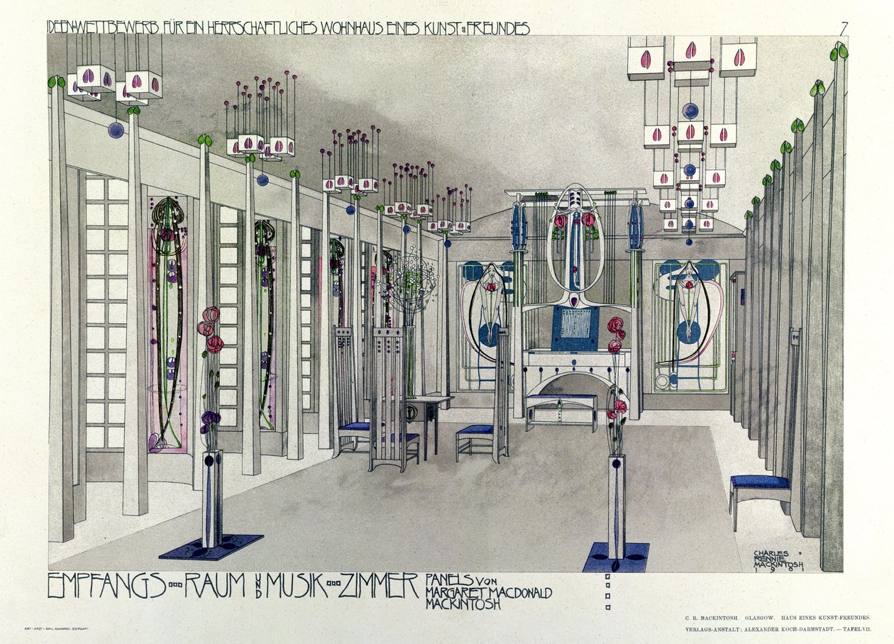 Design för ett musikrum med paneler av Margaret Macdonald Mackintosh (1865-1933) 1901 av Charles Rennie Mackintosh