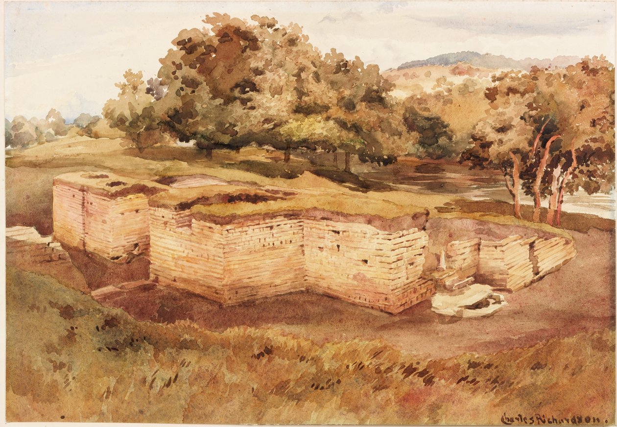De romerska baden, Chesters, North Tyne (västra vyn) (färg på papper) av Charles Richardson