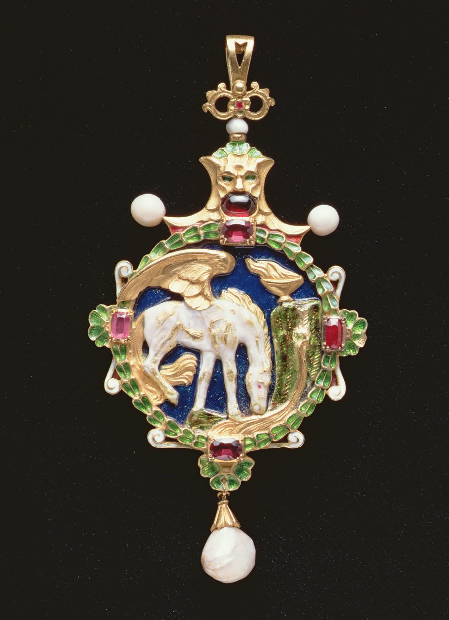 Pegasus hänge innehållande miniatyr av Miss Edith Emily Cooper, stängd, 1901 (guld och emalj, pärlor, granater och rubiner) (se 109663 för insidan) av Charles Ricketts