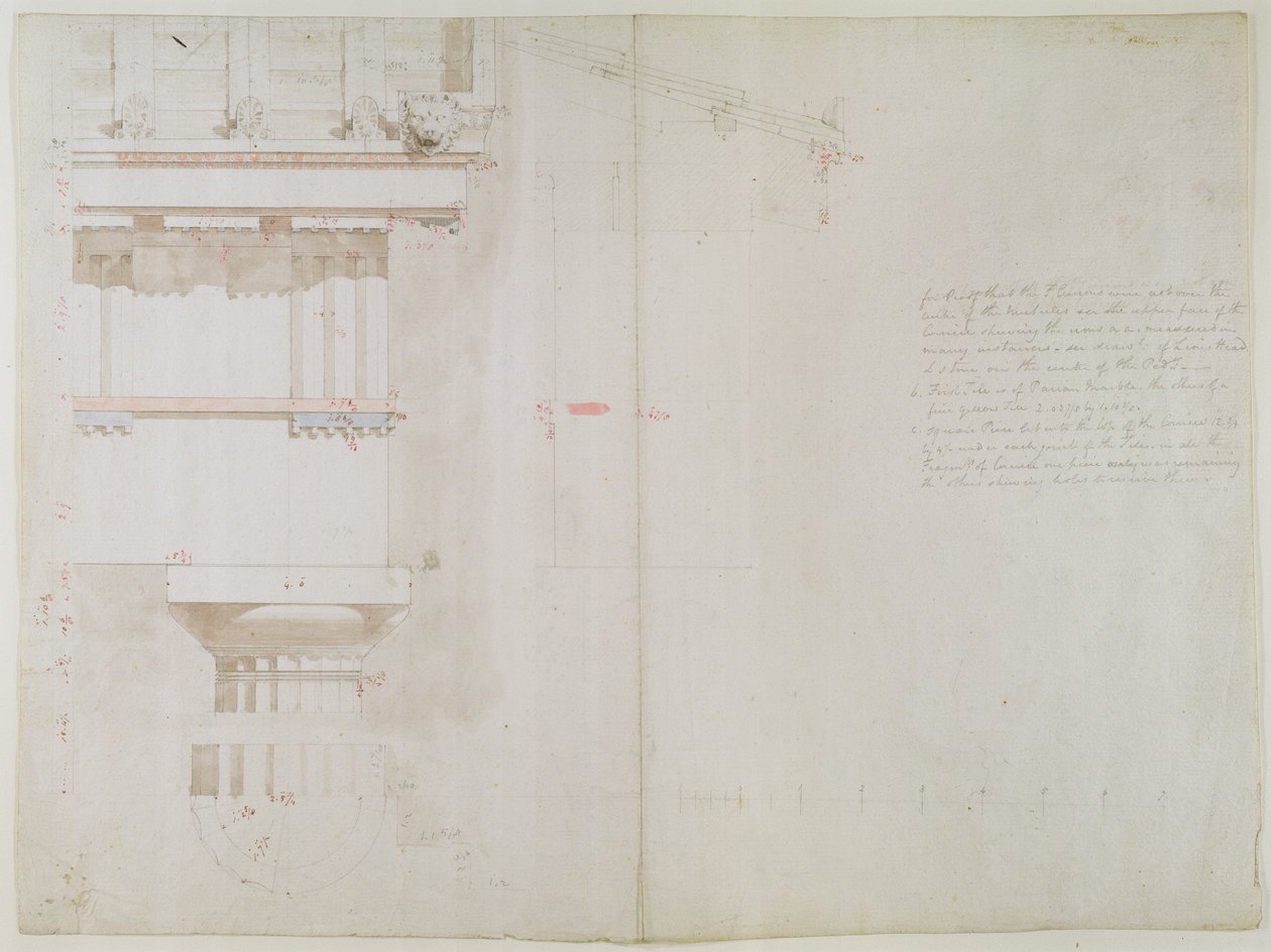 En samling originalritningar för tempel i Bassac: höjd och partiell struktur av taket på Jupiter Panhellenius tempel i Aegina, 1860 (tvätt, wc och grafit på papper) av Charles Robert Cockerell