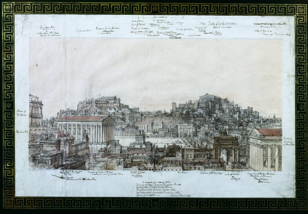 Rekonstruktionen av det antika Rom vid Antoninernas tid, ca 1819 (penna och bläck och wc på papper) av Charles Robert Cockerell