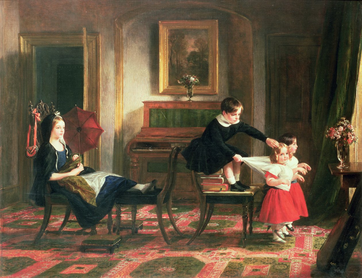 Børn leger ved kusk og heste, 1800-talsswed av Charles Robert Leslie