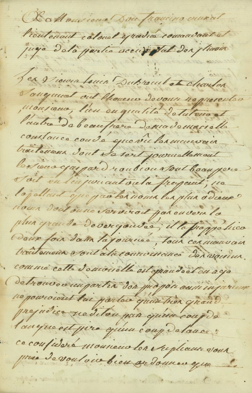 Petition to Monsieur Don Francisco de Cruzat, graduate Lieutenant Colonel av Charles Sanguinet
