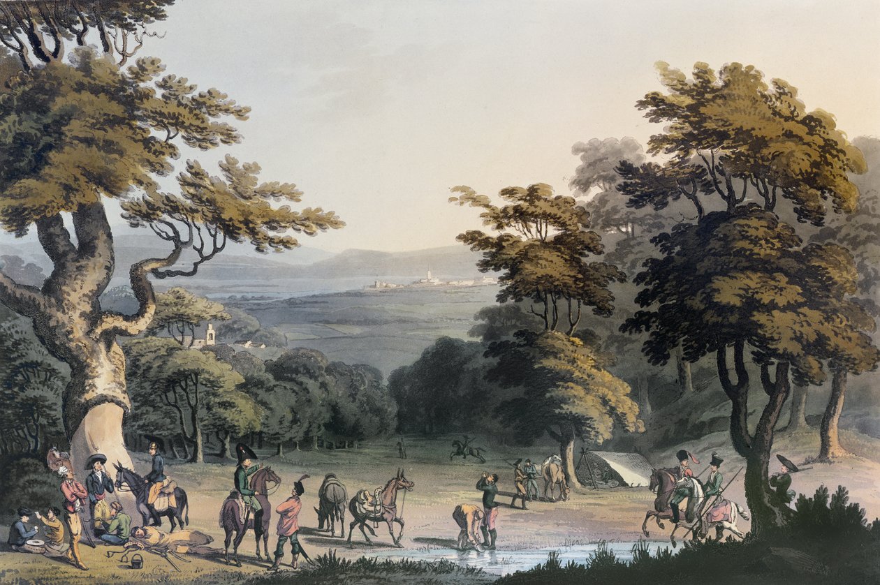En avlägsen vy av Ciudad Rodrigo tagen från ekskogen nära byn Espeja, 1813 av Charles Turner