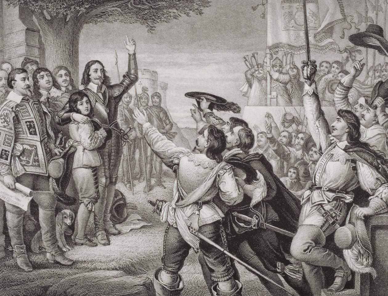 Charles I (1600-49) reste sin standard i Nottingham i öppningsscenen av det stora inbördeskriget den 25 augusti 1642, från "Illustrationer av engelsk och skotsk historia" volym I av Charles West Cope