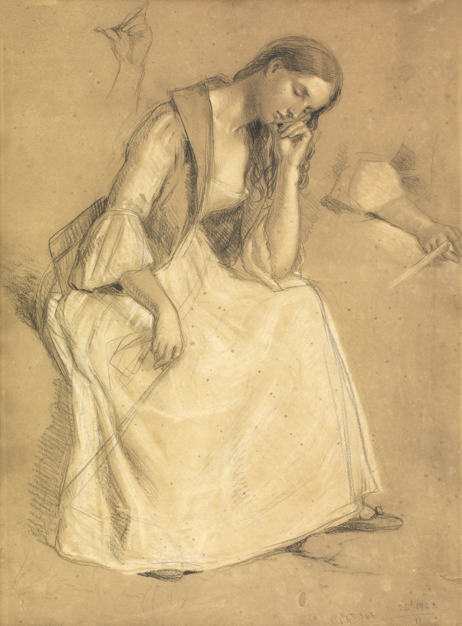 Studie av en sittande flicka (penna och krita på papper) av Charles West Cope