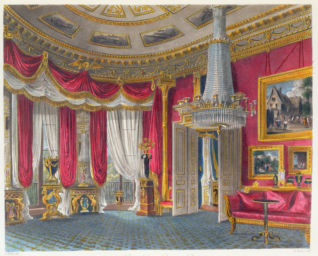 Salongen i Rose Satin, Carlton House, med utsikt mot sydväst, graverad av R. Reeve (fl.1811-37), från "The History of the Royal Residences" av William Henry Pyne (1769-1843), pub. 1819 (akvatint) av Charles Wild