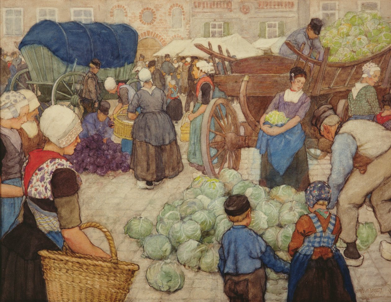 A Green Market, The Cabbage Sellers, 1900 (wc på papper) av Charles William Bartlett