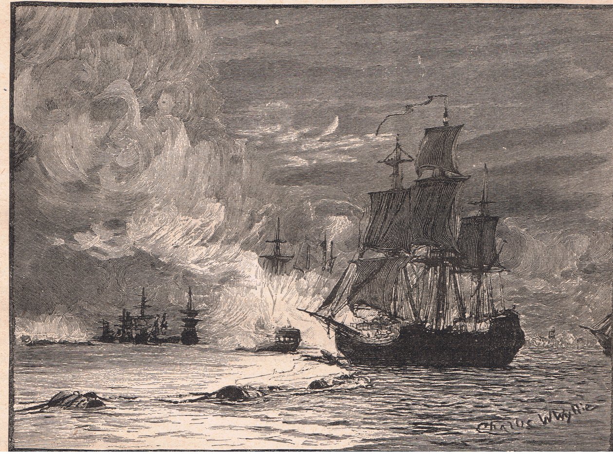Medlaren bryter bommen i La Rochelle AD 1810 av Charles William Wyllie