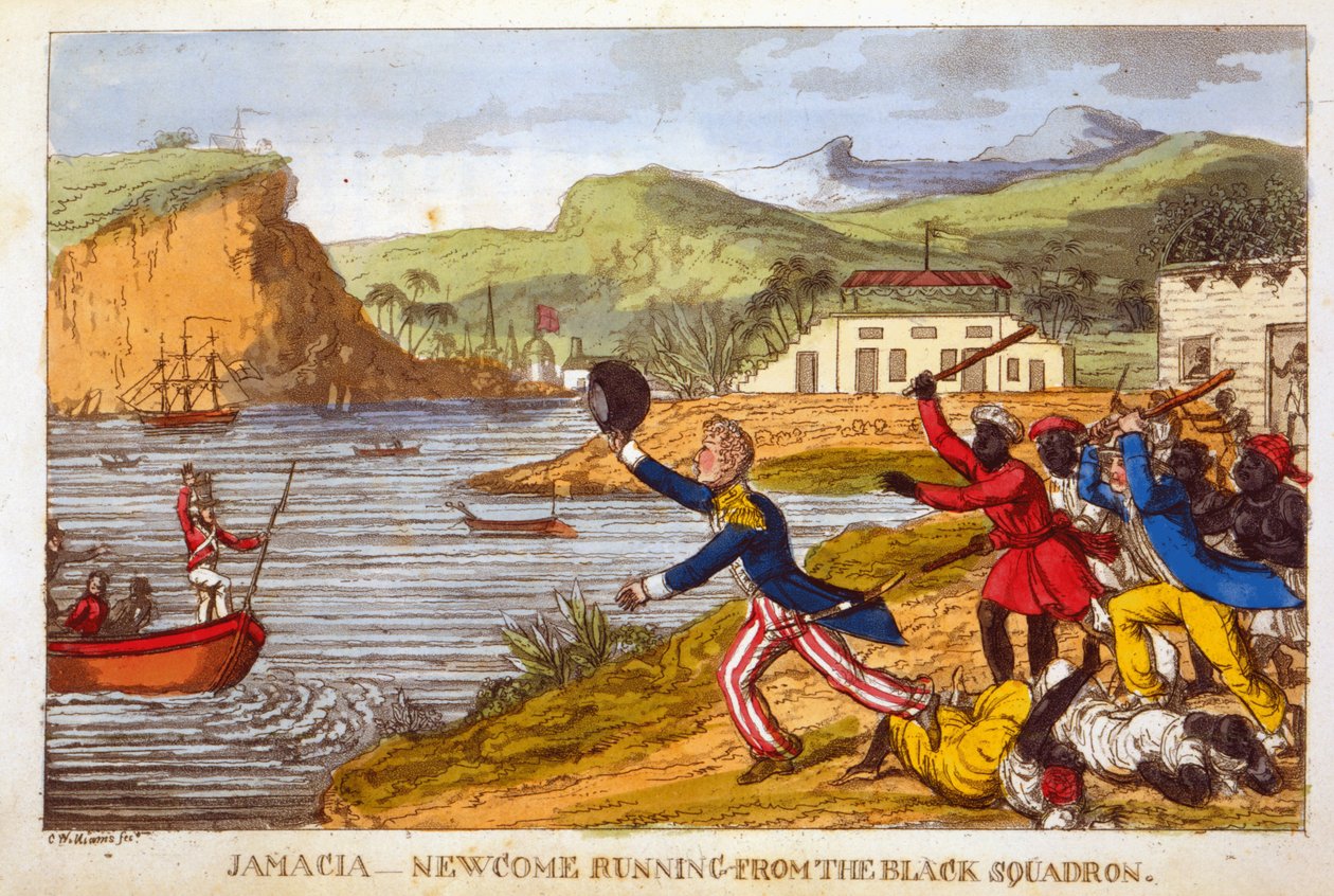 "Newcome på flykt från Black Squadron", tavla från "The Adventures of Johnny Newcome in the Navy" av John Mitford (1782-1831) (färgad akvatint) av Charles Williams