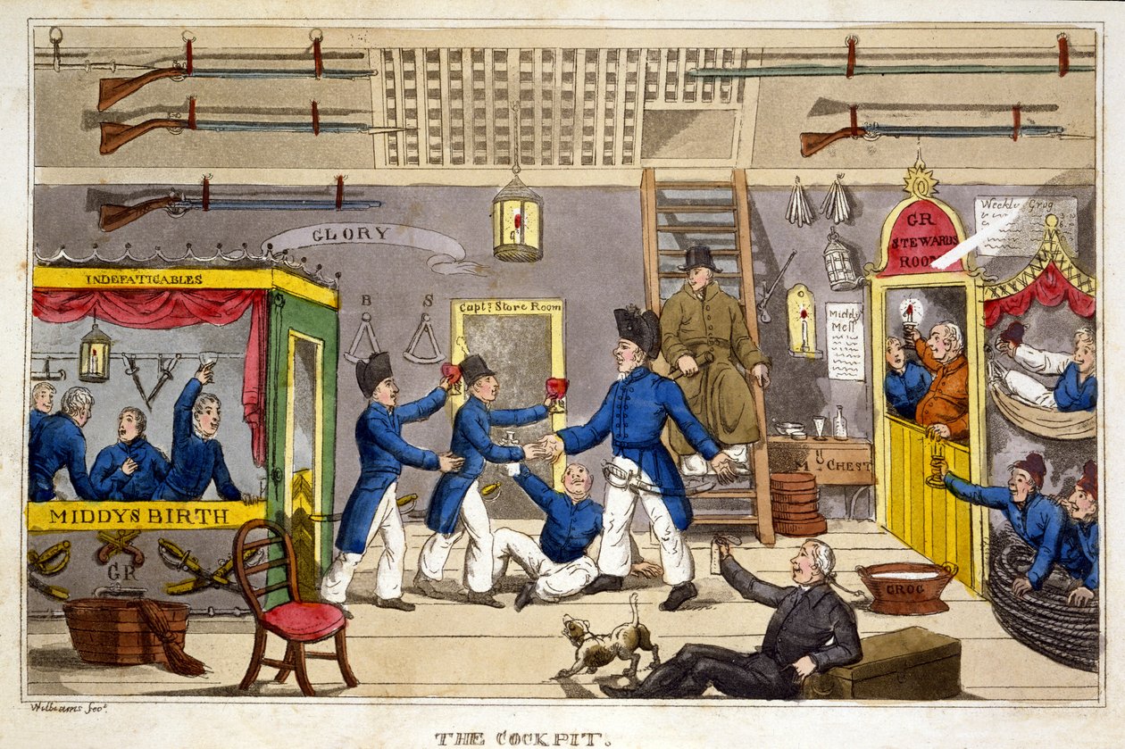The Cockpit, tallrik från "The Adventures of Johnny Newcome in the Navy" av John Mitford, 1818 (handfärgad akvatint) av Charles Williams