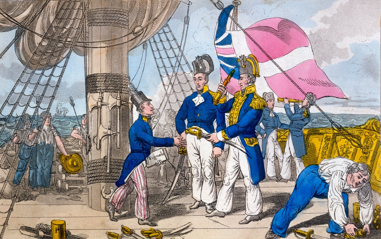 Kvartsdäcket före slaget, tavla från "The Adventures of Johnny Newcome in the Navy" av John Mitford, 1818 av Charles Williams