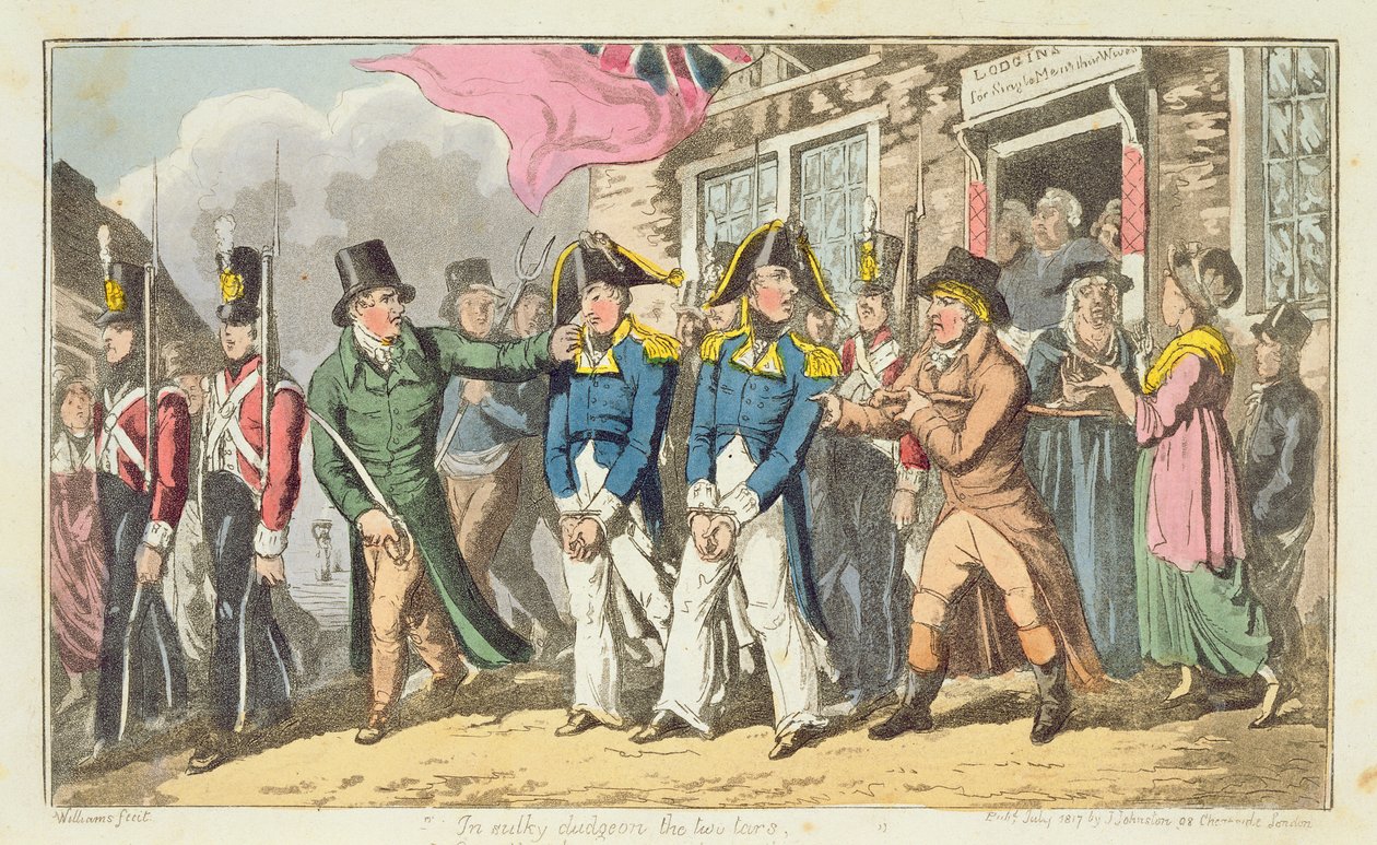 Två sjöofficerare skickas till fängelse, platta från "The Adventures of Johnny Newcome in the Navy" av John Mitford (1782-1831) 1818 av Charles Williams