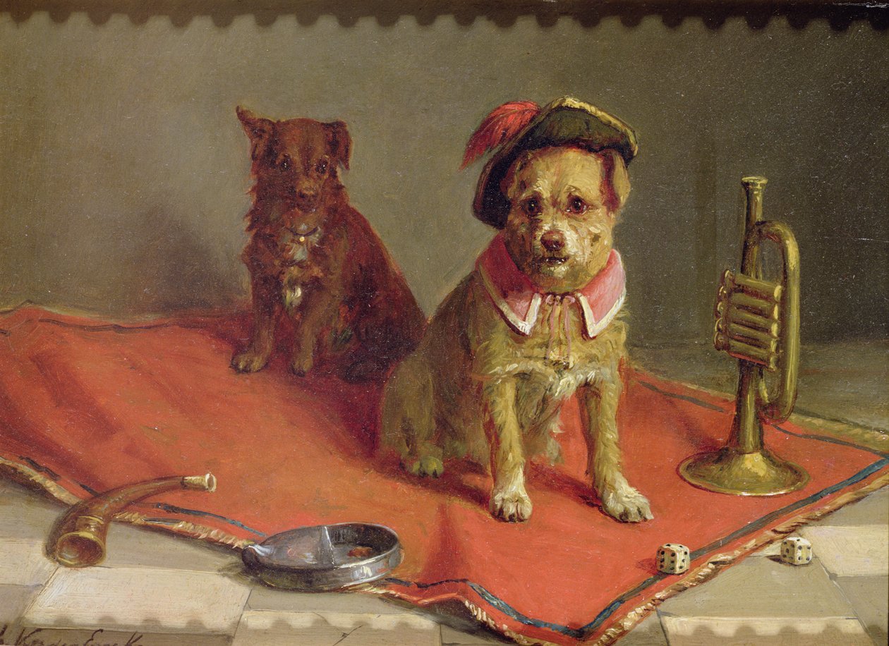 Hund i militärhatt och halsband med trumpet och tärningar av Charles van den Eycken