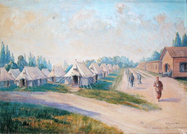 Konvalescentkvarteret på det kanadensiska militärsjukhuset i St. Cloud (akvarell på papper) av Charles Andre Igounet de Villers