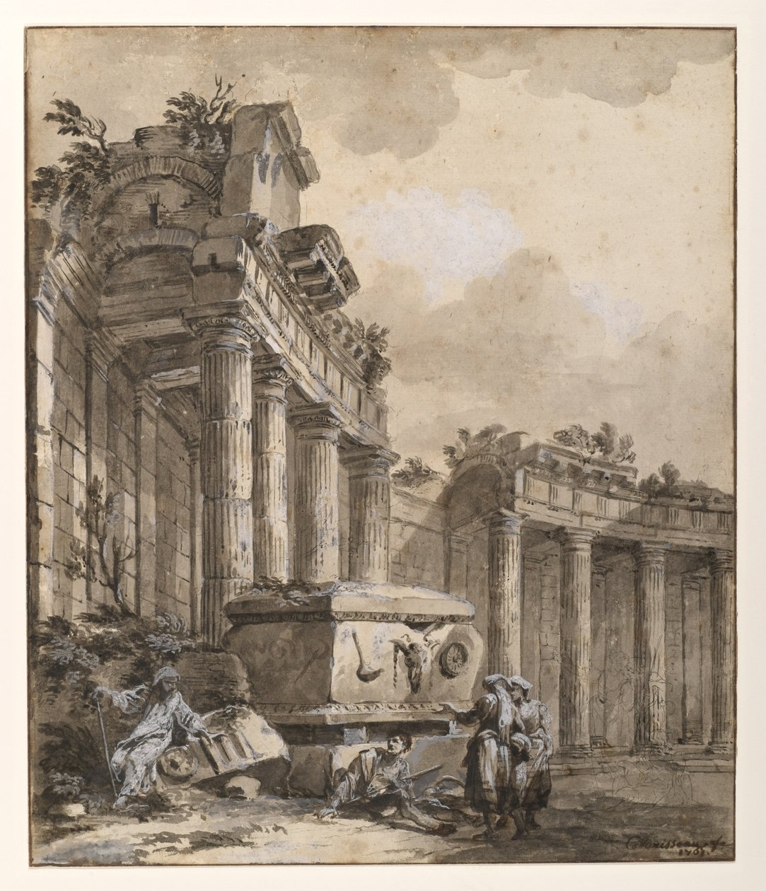 Figurer nära en förstörd pelargång av Charles Louis Clerisseau