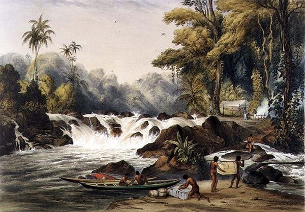 Julkatarakt på floden Berbice, från "Views in the Interior of Guyana", graverad av Paul Gauci (fl.1834-67) pub. av Ackermann av Charles (after) Bentley