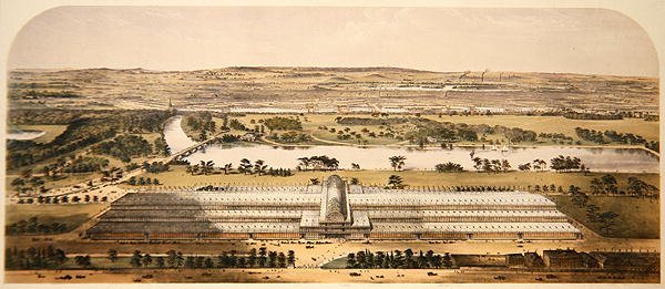 Fågelperspektiv av byggnaden för den stora utställningen, utgiven av Ackermann & Co. av Charles (after) Burton