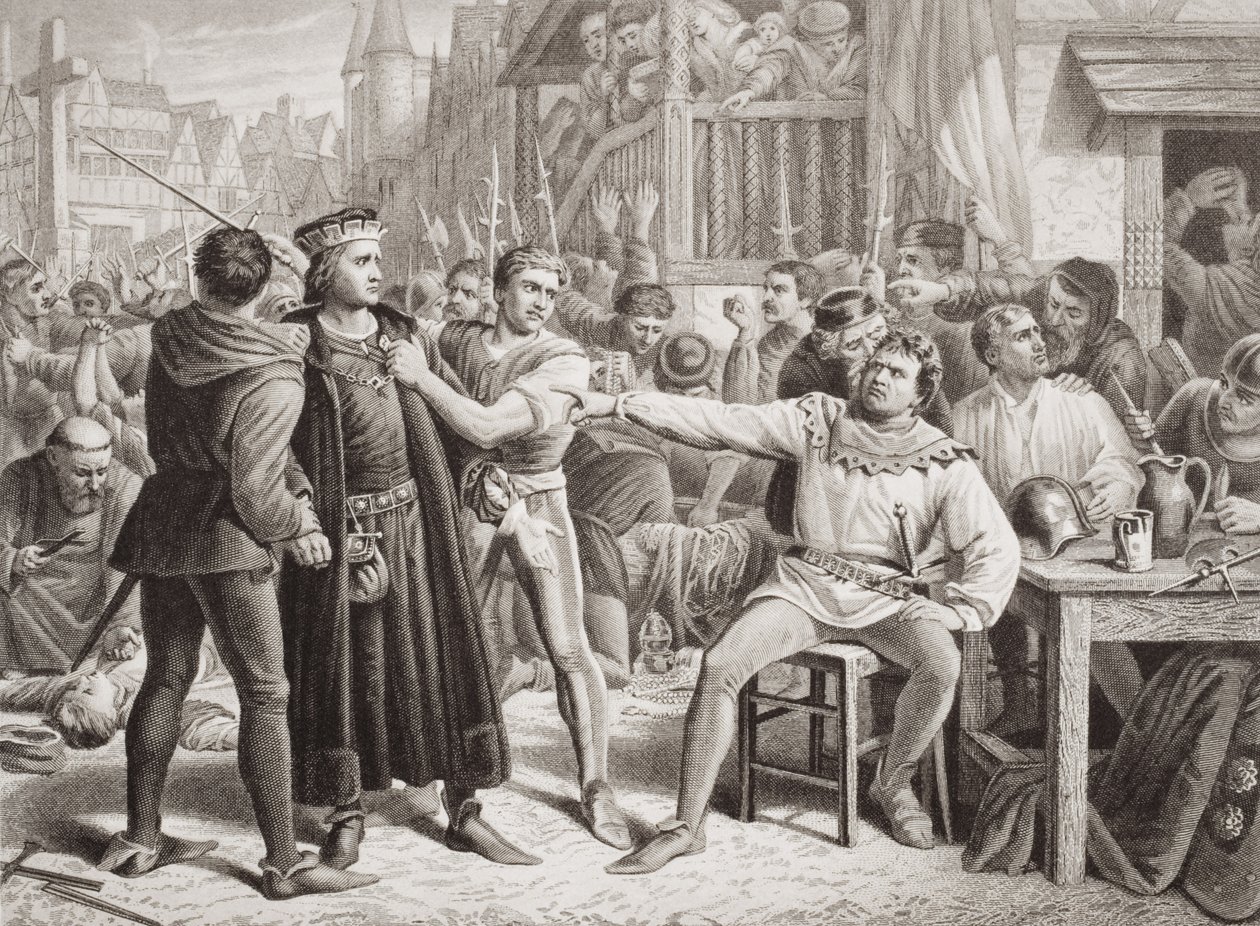 Lord Saye och Sele förda inför Jack Cade, 4 juli 1450, från "Illustrations of English and Scottish History" volym I (gravyr) av Charles (after) Lucy