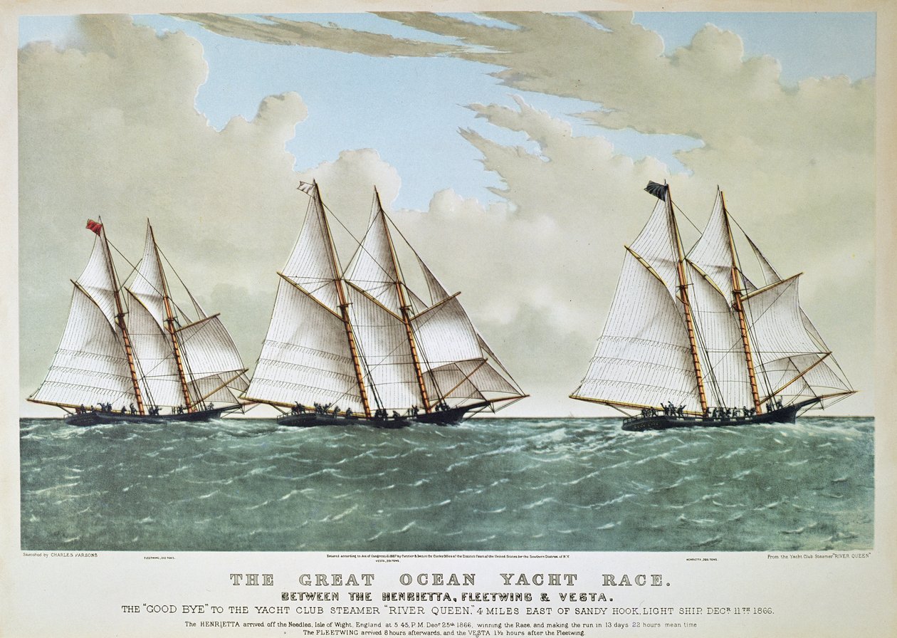 Great Ocean Yacht Race 1866 mellan Henrietta, Vesta & Fleetwing, utgiven av Currier & Ives av Charles (after) Parsons