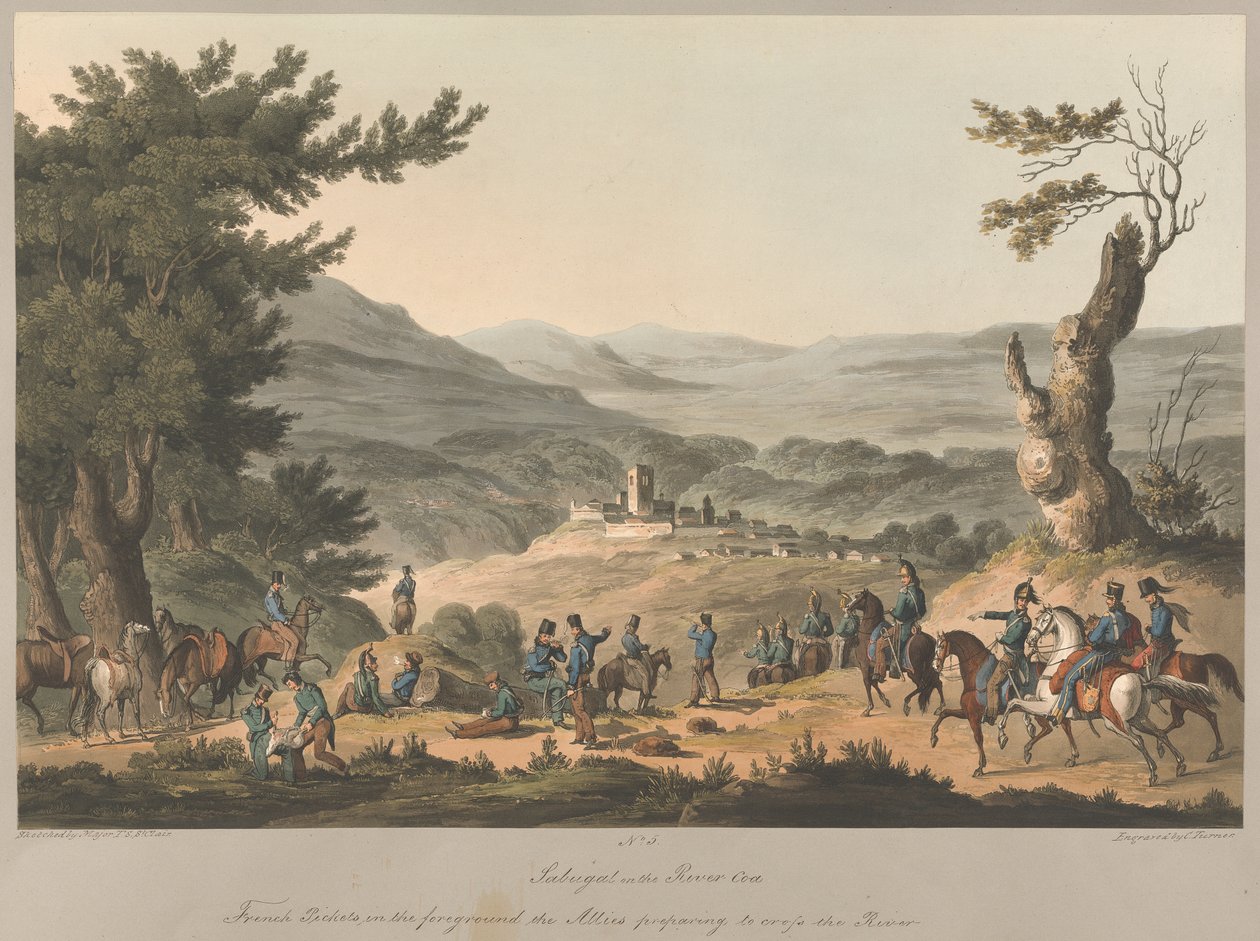 Nr 5. Sabugal vid floden Coa Franska strejker i förgrunden de allierade förbereder sig för att korsa floden av Charles (after) Turner