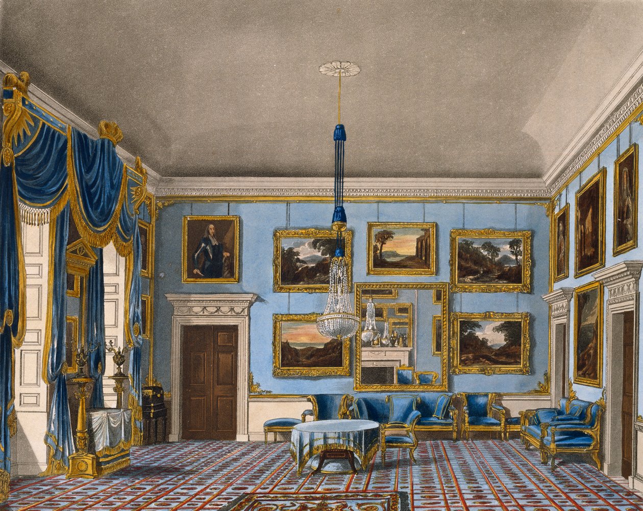 Blå sammetssal, gravyr av Daniel Havell (1785-1826), efter ritning av Charles Wild (1781-1835), ur The History of the Royal Residences. av Charles (after) Wild
