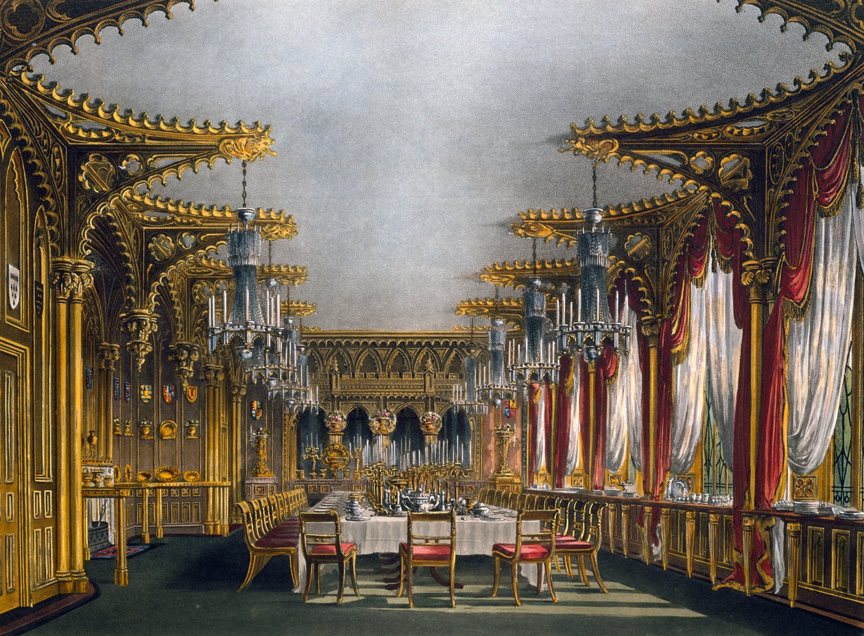Gotisk spisestue, gravering af Thomas Sutherland (1785-1838), baseret på design af Charles Wild (1781-1835), fra The History of the Royal Residencesswed av Charles (after) Wild