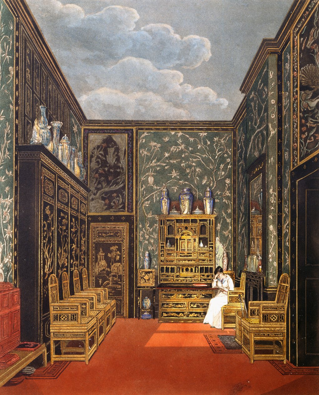 Grönt indragningsrum, Gravyr av William James Bennett (1787-1844), Baserat på design av Charles Wild (1781-1835), Från The History of the Royal Residences av Charles (after) Wild