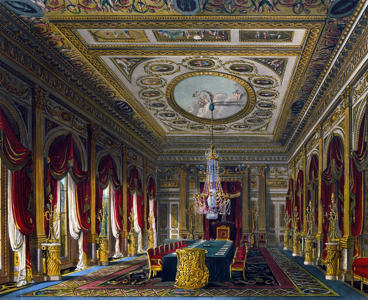 Throne Room, Indgravering af Thomas Sutherland (1785-1838), Baseret på design af Charles Wild (1781-1835), Fra The History of the Royal Residencesswed av Charles (after) Wild