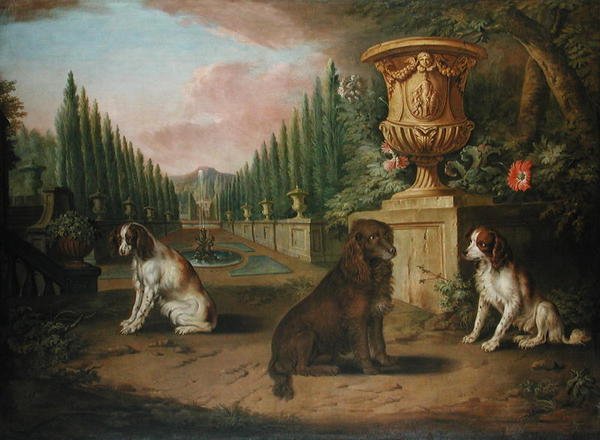 Tre spaniels i en formell trädgård, ca 1730 (olja på duk) av Charles (and Studio) Collins