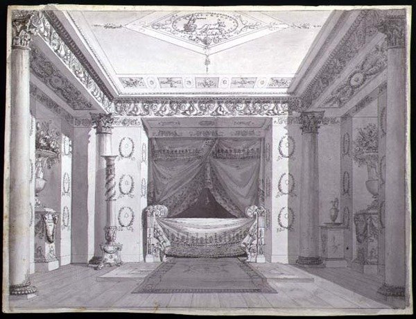 Design for an Empire Bedroom, c.1810 (penna & bläck och akvarell på papper) av Charles (attr. to) Percier