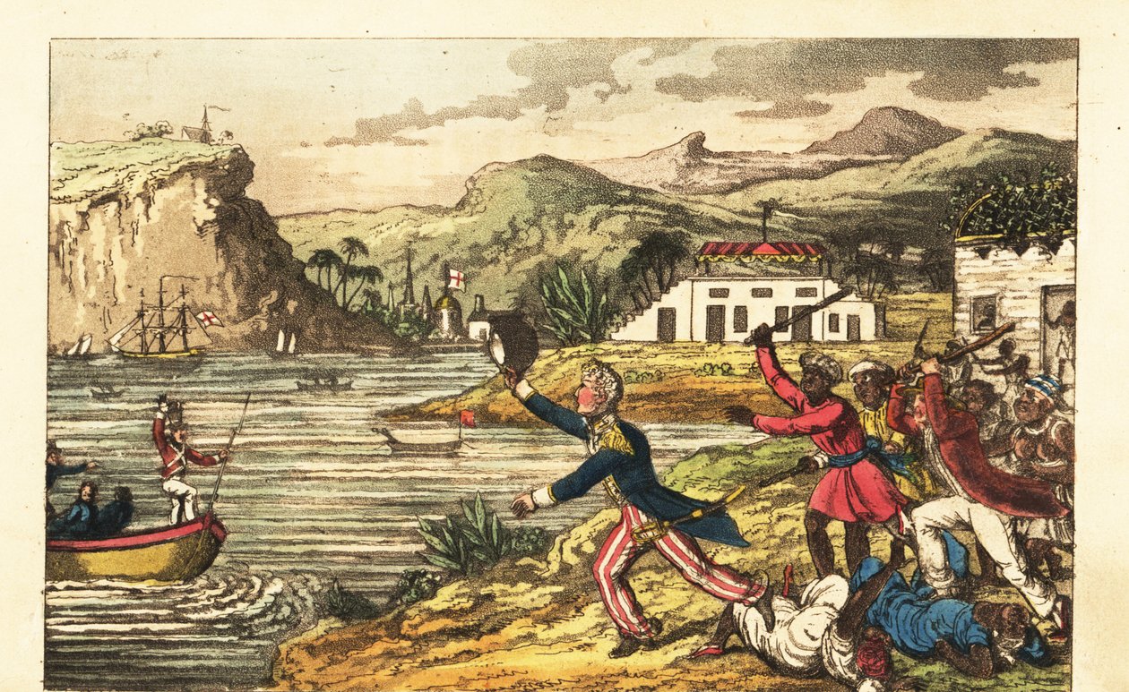 Engelsk marinofficer som flyr från en arg Massa-planterare och Quashee-förslavade män som håller på att leka med gosar på Jamaica av Charles (c.1797 1850) (after) Williams