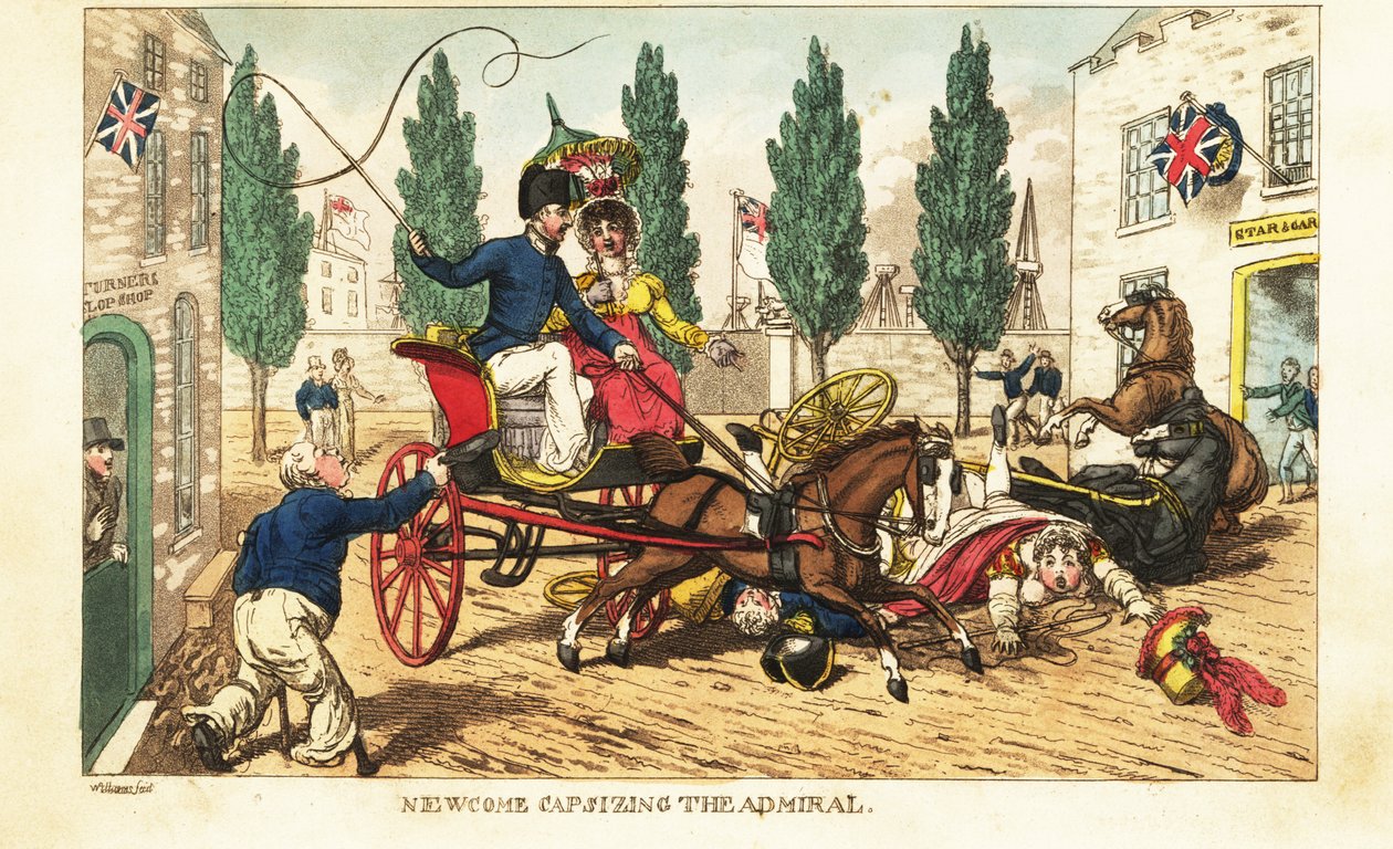 Midshipman Newcome kraschar sin spelning in i amiralens tvåhästars vagn i Gosport av Charles (c.1797 1850) (after) Williams
