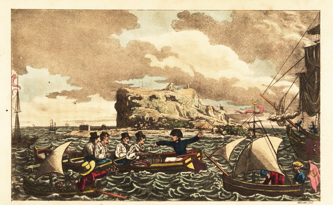 Midshipman Newcome överförd med roddbåt till HMS Vanguard nära Gibraltar av Charles (c.1797 1850) (after) Williams