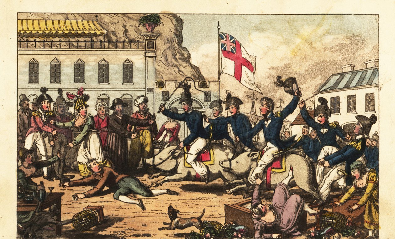 Royal Naval officerare rider grisar i sadlar genom marknaden i Gibraltar av Charles (c.1797 1850) (after) Williams