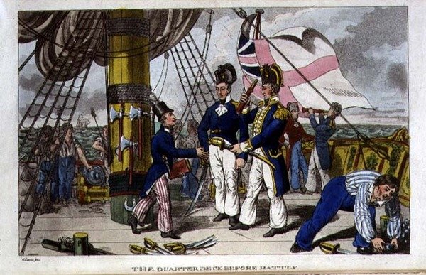 The Quarter Deck before Battle, tallrik från "The Adventures of Johnny Newcome in the Navy" av John Mitford (1782-1831) 1818 (litho) av Charles (c.1797 1850) (after) Williams