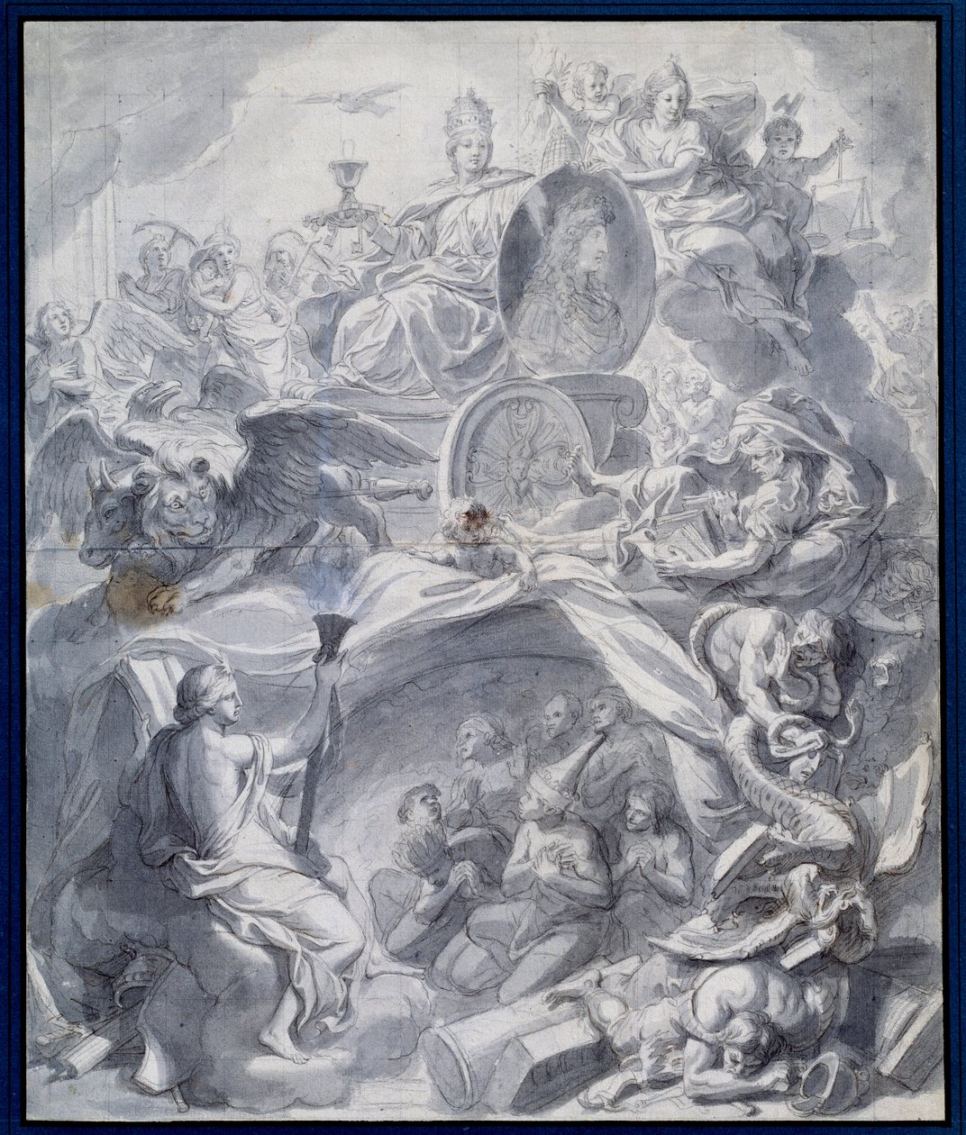 Allegori: "" The Victorious Church of Heresie or the Triumph of Religion"" Ritning av en gouache och tvätt av Charles Lebruns verkstad (Le Brun) (1619-1690) 1600-talets Paris, Musee du Louvren av Charles (studio of ) Le Brun