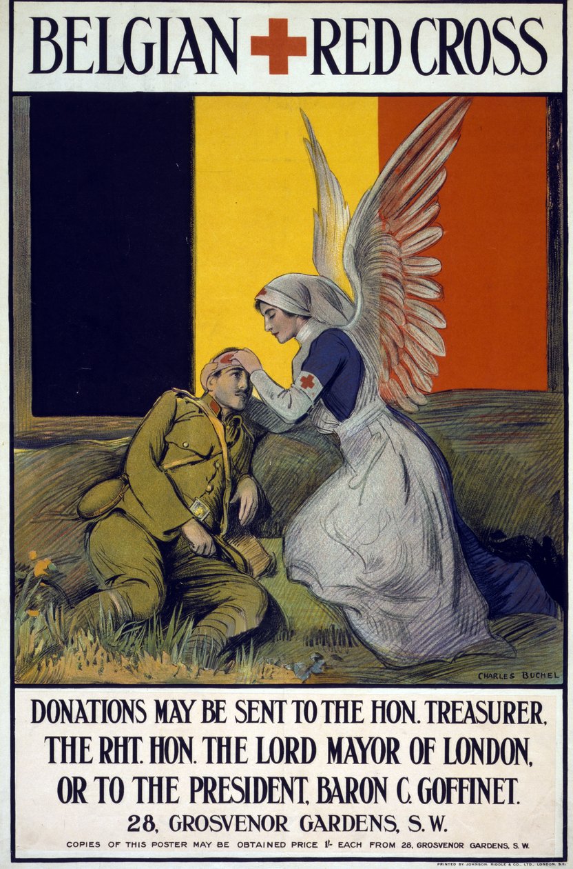 Insamlingsaffisch för det belgiska Röda korset, pub. 1914-18 (lito i färg) av Charles A. Buchel
