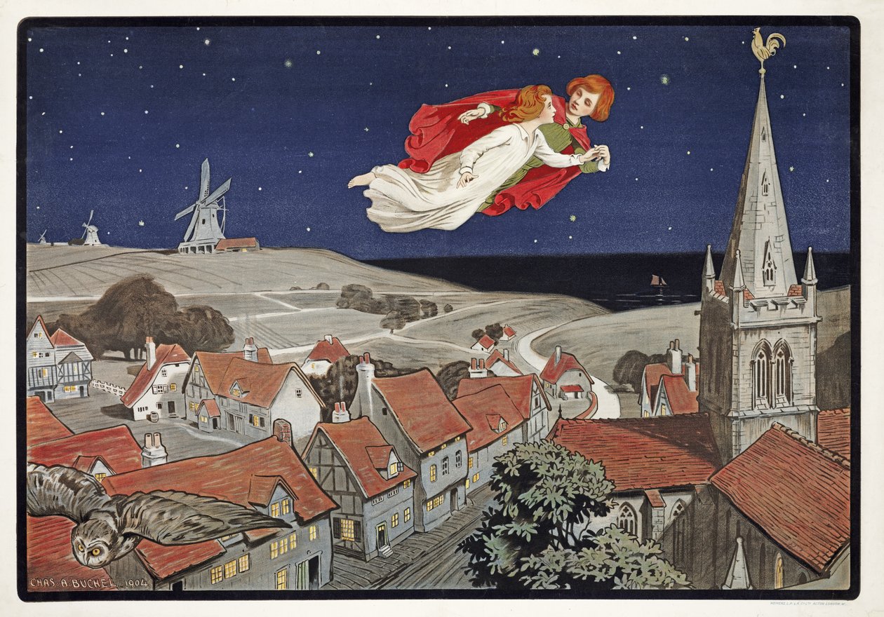 Peter och Wendy flyger från Peter Pan av J M Barrie (1860 - 1937), pub. 1904 (färg litho) av Charles A. Buchel