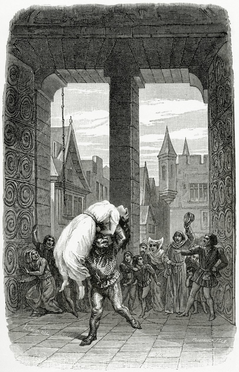 Quasimodo räddar Esmeralda från avrättning - illustration från Notre Dame de Paris, 1800-talet (bw gravyr) av Charles Alexandre Lesueur