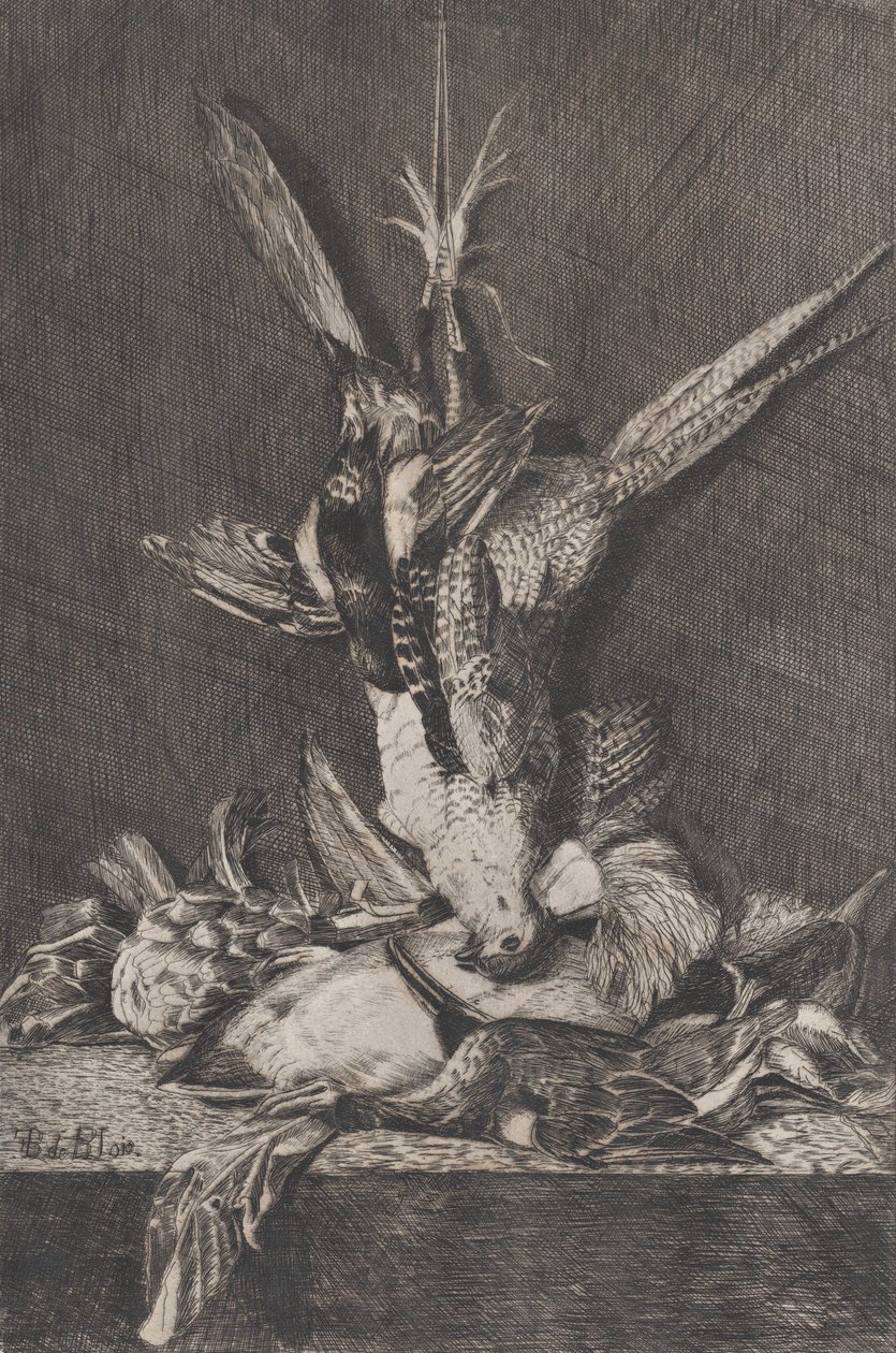 Jakttrofé med fågelvilt och kronärtskocka, 1850-1900. av Charles Alphonse Deblois